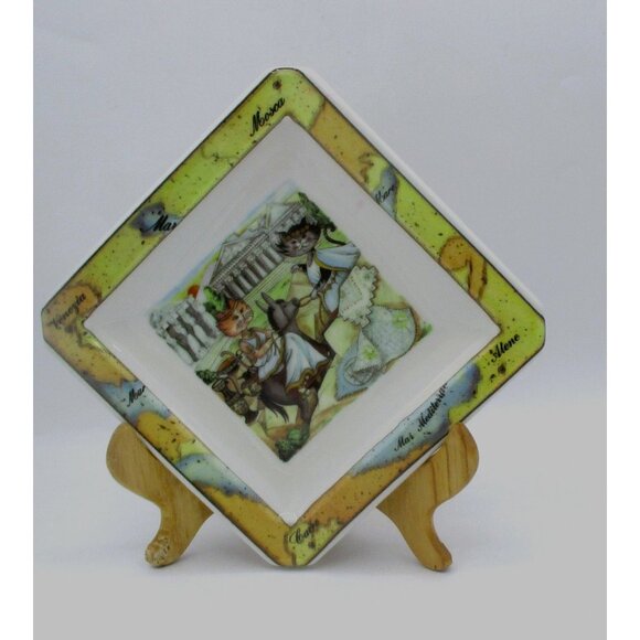 Tourist Cats Square Ceramic Plate 6.5" Made In Italy With Roman Travel Map Cats - Picture 2 of 4